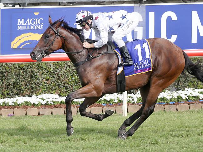 Jockey Luke Currie rides Sunlight to victory in Race 8, the Magic Millions Two-Years-Old Classic, during the Gold Coast Magic Millions at Aquis Park, Gold Coast Turf Club, Queensland, Saturday, January 13, 2018. (AAP Image/Jono Searle) NO ARCHIVING, EDITORIAL USE ONLY