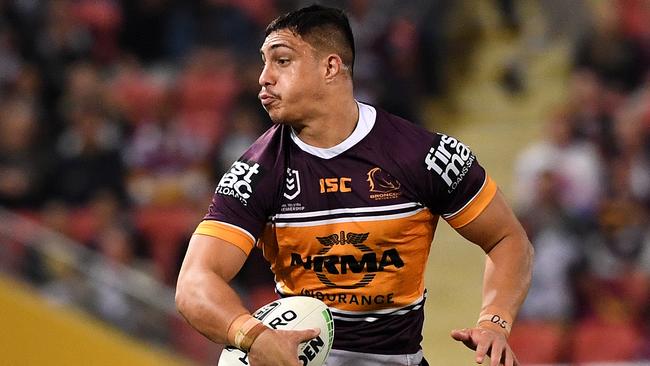 Kotoni Staggs of the Broncos during the Round 18 NRL match between the Brisbane Broncos and the Canterbury Bulldogs at Suncorp Stadium in Brisbane, Thursday, July 18, 2019. (AAP Image/Dave Hunt) NO ARCHIVING, EDITORIAL USE ONLY