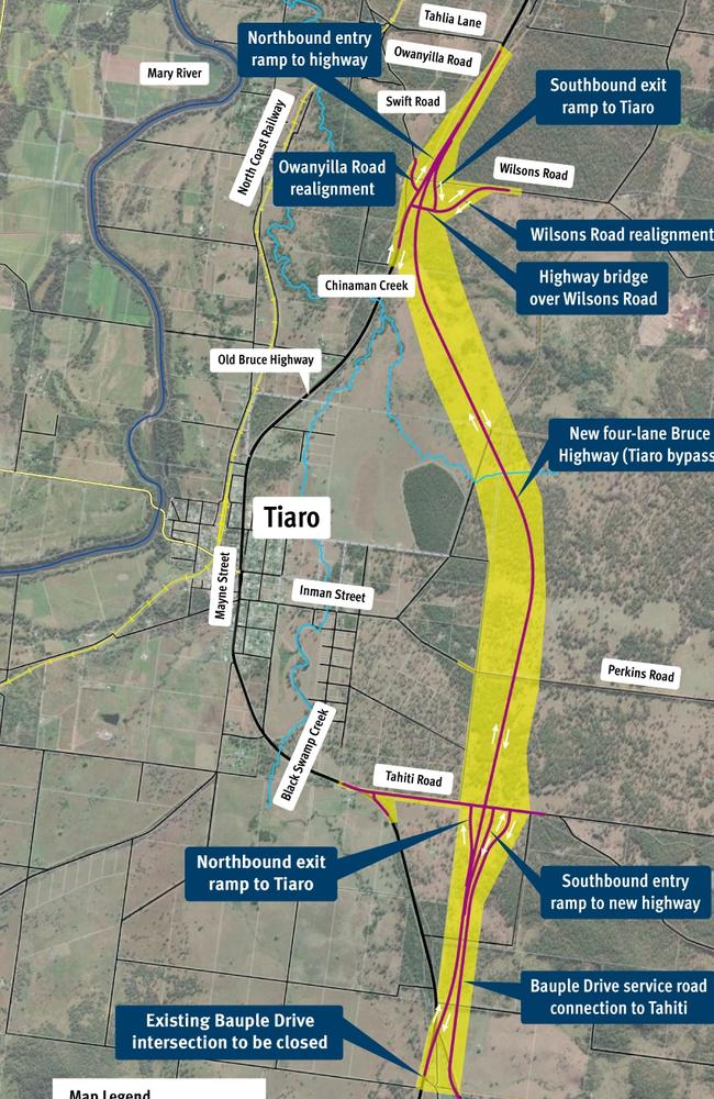 Initial documentation submitted for the project, which would construct a four-lane extension of the Bruce Highway to the east of the town, flagged a possible construction start date of February 2025. However detailed design on the project is now not expected to be finished until the second half of 2025. Picture: TMR