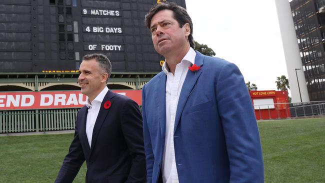 AFL CEO Gillon McLachlan, right, pictured with SA Premier Peter Malinauskas at Adelaide Oval on Friday. Picture: NCA NewsWire / David Mariuz