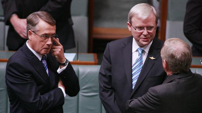 Treasurer Wayne Swan with Kevin Rudd after delivering his first Budget in 20018. Photo: Gary Ramage