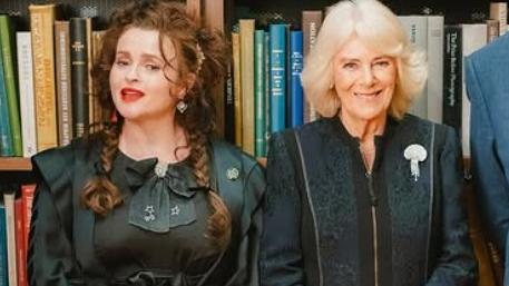 Queen Camilla meets The London Library President Helena Bonham Carter and guest speaker Stephen Fry