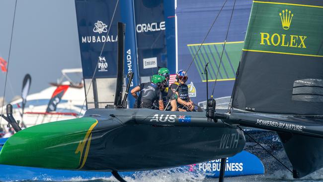 Jimmy Spithill (right) retired after skippering the Aussie SailGP team in Dubai. Photo: Ricardo Pinto for SailGP.