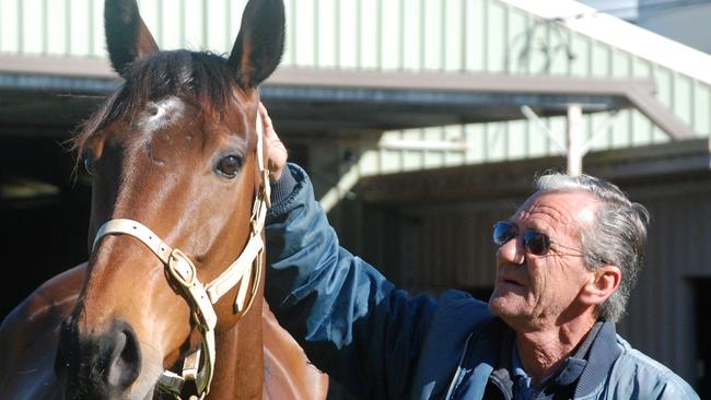 Trainer Mick Burles gives The Cleaner a pat after his track gallop. Pic Tasracing