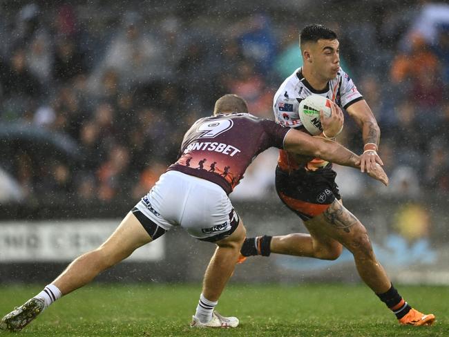 Staines played on through immense pain in the Tigers narrow loss to Manly. Picture: NRL Imagery