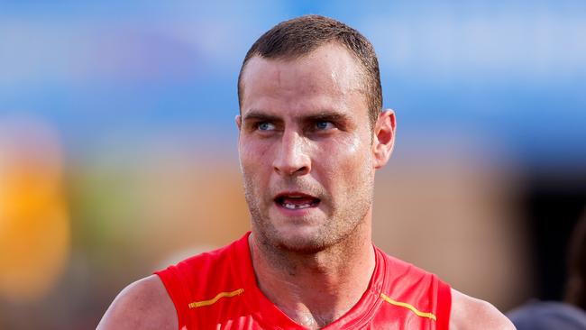 GOLD COAST, AUSTRALIA - MARCH 09: Jarrod Witts of the Suns looks on at the quarter time break during the 2024 AFL Opening Round match between the Gold Coast SUNS and the Richmond Tigers at People First Stadium on March 09, 2024 in Gold Coast, Australia. (Photo by Dylan Burns/AFL Photos via Getty Images)