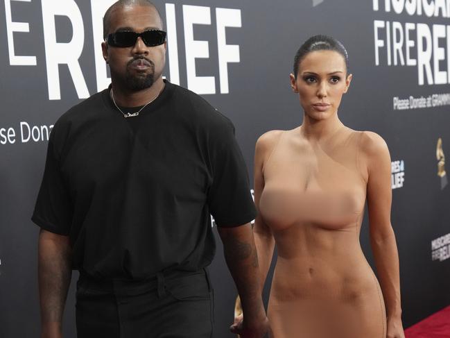 Kanye West and Bianca Censori on the Grammy Awards red carpet. Picture: AP