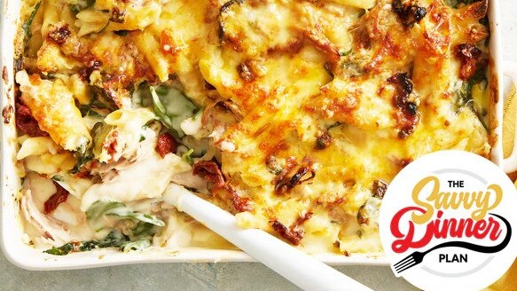 Savvy Dinner Plan's creamy tuna Florentine pasta bake.