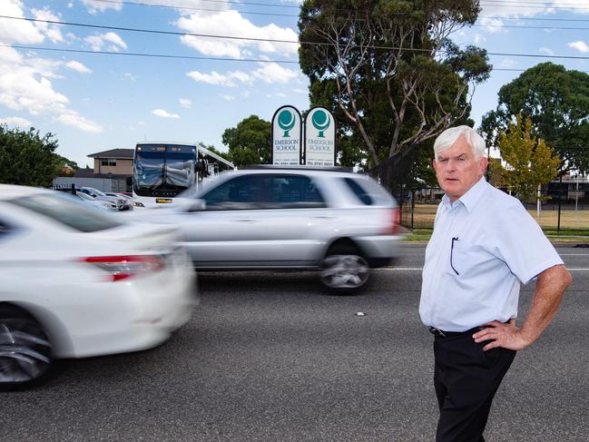 Emerson School principal John Mooney says the lack of crossing on Heatherton Rd is putting the lives of children in danger. Picture: Sarah Matray