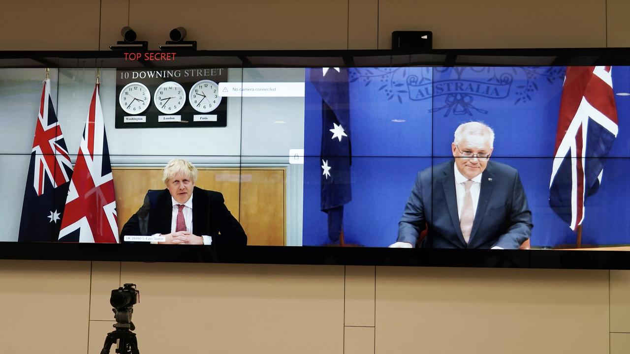 Prime Minister Scott Morrison met with UK Prime Minster Boris Johnson virtually to discuss Russia and China. Picture: Adam Taylor via NCA NewsWire