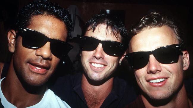 Swans’ Michael O'Loughlin, Rowan Warfe and Matthew Nicks in 1998 at the Blues Brothers 2000 preview.