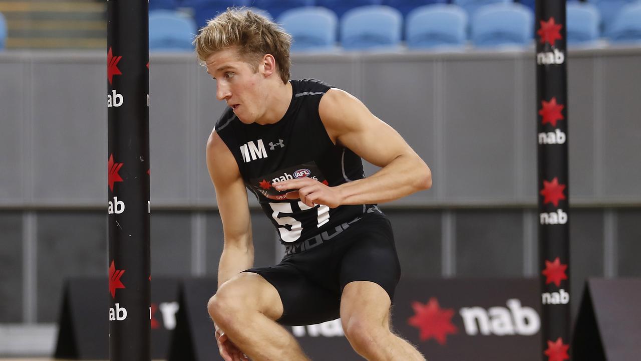 Dylan Stephens completes the agility test at the 2019 AFL Draft Combine. Picture: Dylan Burns/AFL Photos