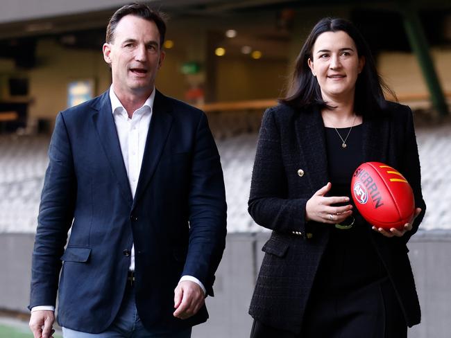 AFL boss Andrew Dillon and football boss Laura Kane Picture: Michael Willson/AFL Photos via Getty Images