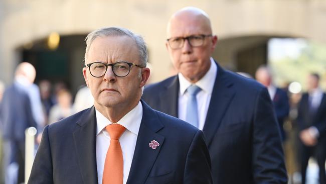 Anthony Albanese and Peter Dutton at the Australian War Memorial in Canberra. Picture: NewsWire / Martin Ollman