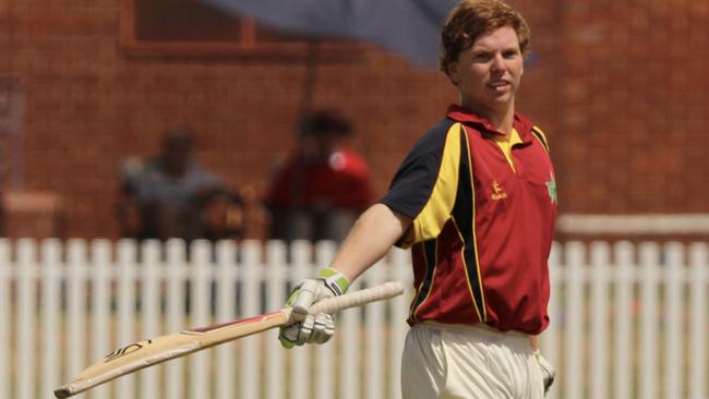 Josh Hartill celebrates his century for Outer East Eagles. Picture: James Kandler