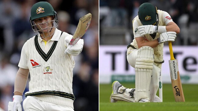 David Warner raises his bat upon reaching his half century, left, while Marnus Labuschagne could not conceal his disappointment when out for 74. Pictures: Getty