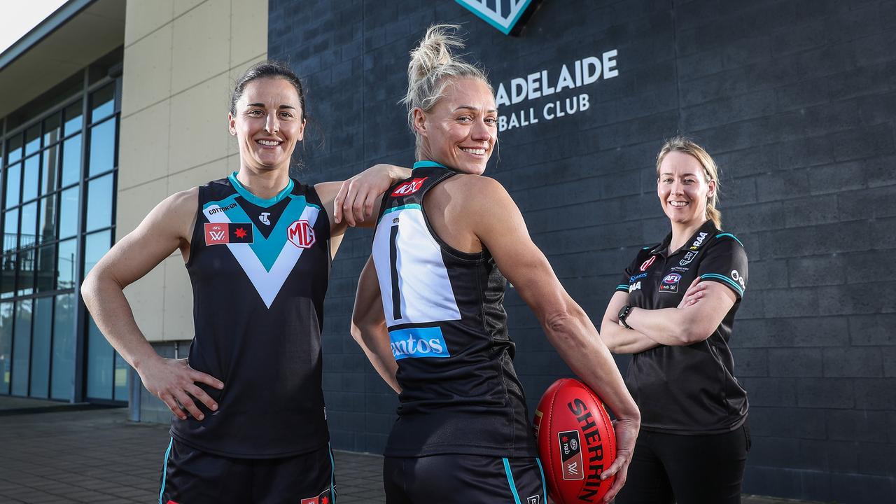 Port head coach Lauren Arnell with her Inaugural leaders. Captain Erin Phillips and Vice Captain Ange Foley. Picture: Sarah Reed