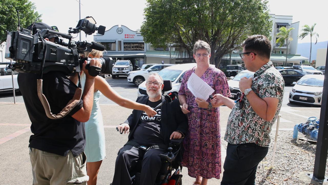 Rob Pyne and Lyn Kennedy (O'Connor) front the media outside the Cairns District Court on Wednesday, October 30. Picture: Peter Carruthers