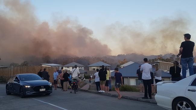 The bushfire burning at Peregian Spring on Monday.