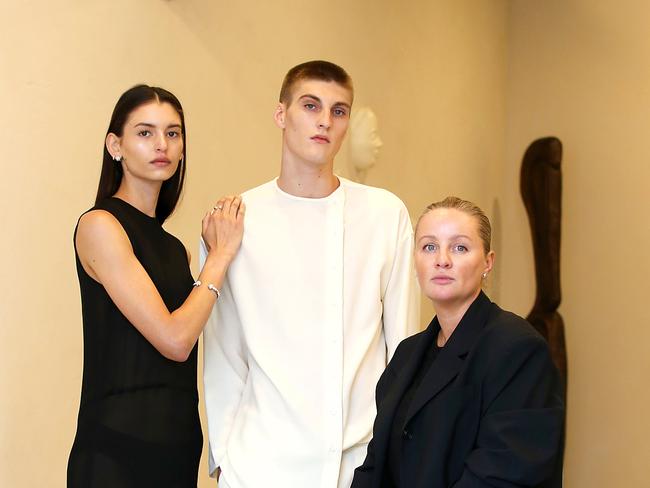 Albus Lumen Creative Director Marina Afonina with Cult models Larissa and Louis in her latest collection at her Bondi space ahead of Australian Fashion Week. Jane Dempster/The Australian.