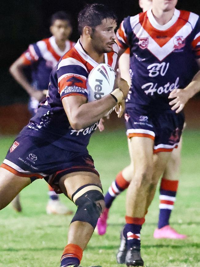 Roosters captain James Clark runs the ball up in the Far North Queensland Rugby League (FNQRL) Men's minor semi final match between the Atherton Roosters and the Cairns Kangaroos, held at Smithfield Sporting Complex. Picture: Brendan Radke