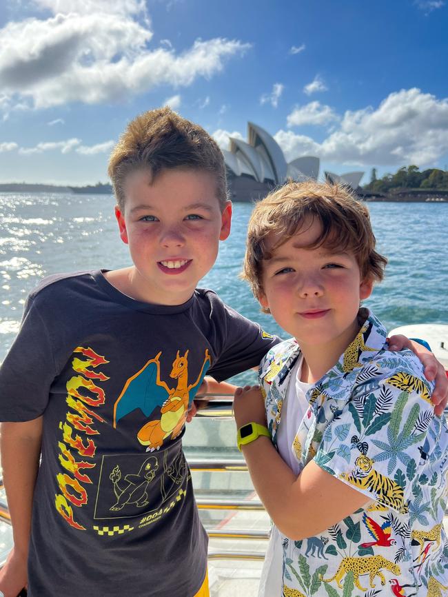 A highlight of visiting Sydney for the first time – for brothers Hudson Smith, 9, and Archer Smith, 6 – was taking a harbour cruise and getting up close to the bridge and opera house. Picture: Linda Smith