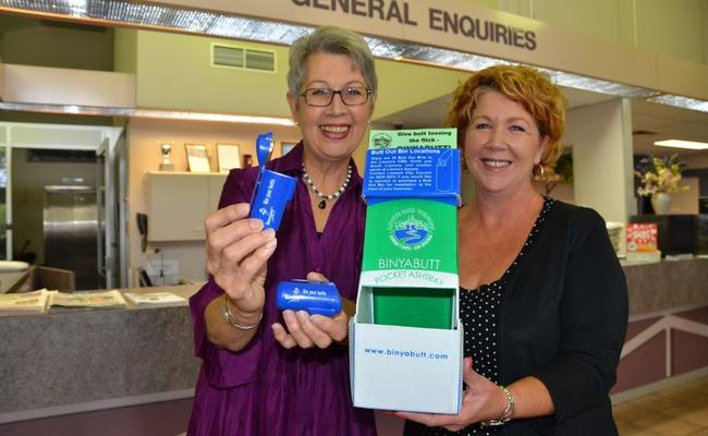 Lismore mayor Jenny Dowell and the council's customer services officer, Sheree Casey, encourage people to grab a free portable butt bin from council's offices as part of the National Butt Free Day awareness campaign.