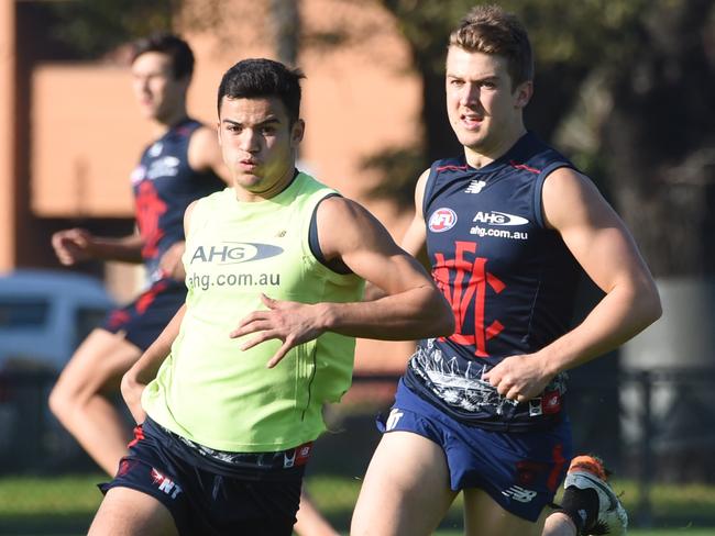 Jack Trengove (right) at training ahead of his AFL comeback. Picture: Tony Gough