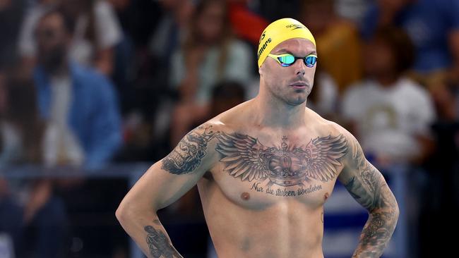 Kyle Chalmers on pool deck in Paris ahead of the freestyle relay. Picture: Maddie Meyer/Getty Images