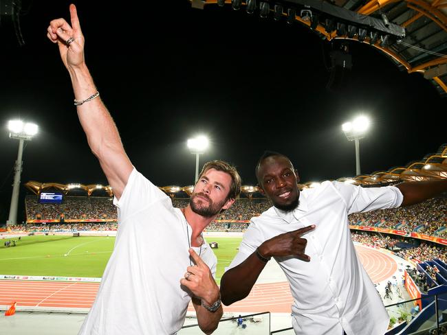 Usain Bolt and Chris Hemsworth on day eight of the 2018 Gold Coast Commonwealth Games