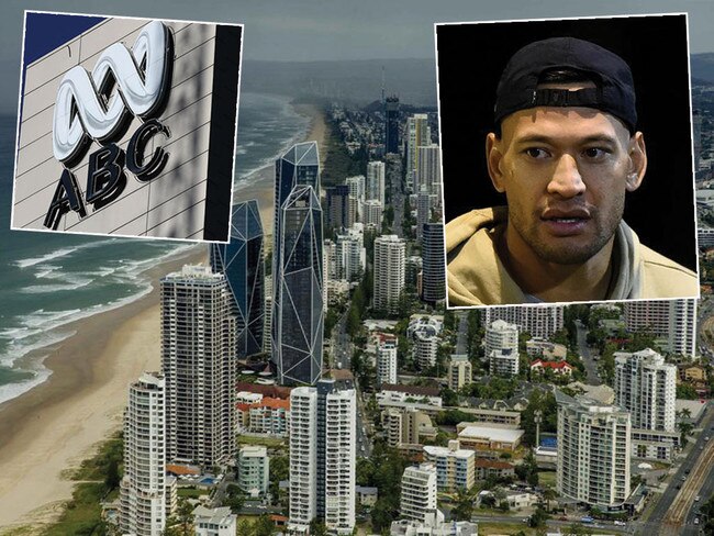 Queensland's Gold Coast, which the ABC kindly tells us has no gay bars. The entry of Israel Folau, top right, into the equation apparently increases the area's 'toxic masculinity'. Pictures: Supplied/Supplied/