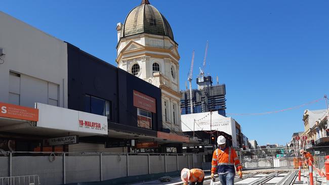 Parramatta Light Rail tracks being laid at Church St.