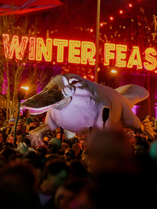 The duck-billed platypus ogoh-ogoh being paraded through the streets of Hobart. Picture: Jesse Hunniford / Darklab