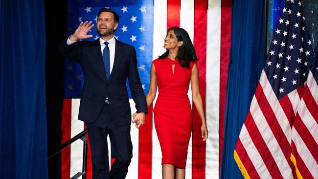 Kamala Harris called Republican vice presidential nominee J.D. Vance, pictured with his wife Usha Vance, “creepy”. Picture: Stephen Maturen / Getty Images.