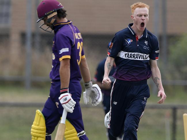 Joshua Hahnel bowls out Dylan Appleby during the VSDCA Cricket: Yarraville v Altona cricket match in Yarraville, Saturday, Nov. 21, 2020. Picture: Andy Brownbill