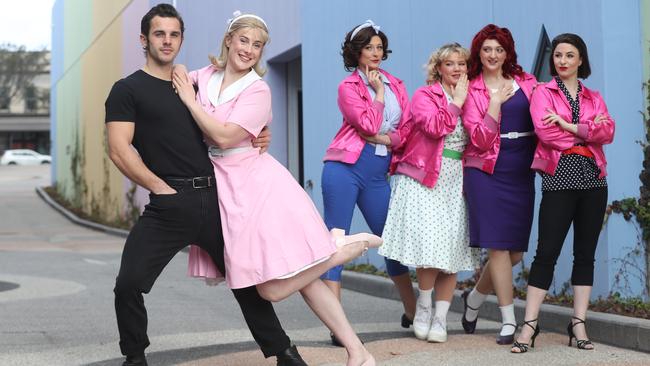 Luke Wilson as Danny, Morgan Dooley-Axup as Sandy, Cassie Chappelli as Marty, Parish Walsh as Jan, Abby Perks as Frenchie and Isabella Cappelli as Rizzo for the Footlight Production of Grease the musical at Geelong Arts Centre. Picture: Alan Barber