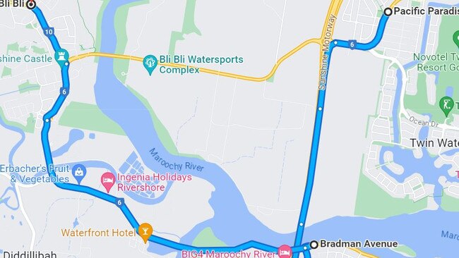 The alternate route from Pacific Paradise to Bli Bli during an eight-week partial closure of the Bli Bli bridge on David Low Way. Picture: Google Maps