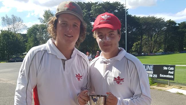 Brothers Jarryd and Riley Vernon celebrate Gisborne's 2016-17 premiership. Picture: Tim Michell.