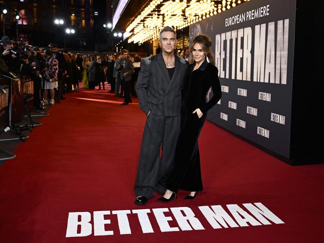 LONDON, ENGLAND – NOVEMBER 27: Robbie Williams and Ayda Field attend the "Better Man" European Premiere at the Odeon Luxe Leicester Square on November 27, 2024 in London, England. (Photo by Gareth Cattermole/Getty Images)