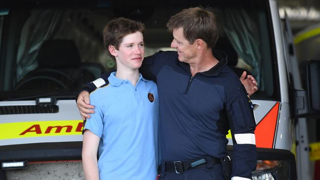 THANK YOU: In 2019, Connor Meldrum, Kim Goodrick (mum) and Dr David Meldrum (dad), meet New South Wales Ambulance Critical Care Paramedic Rolly Murcott and praise the medical and retrieval team from the Westpac Life Saver Rescue Helicopter who rescued Connor and helped save his life. Photo: Marc Stapelberg