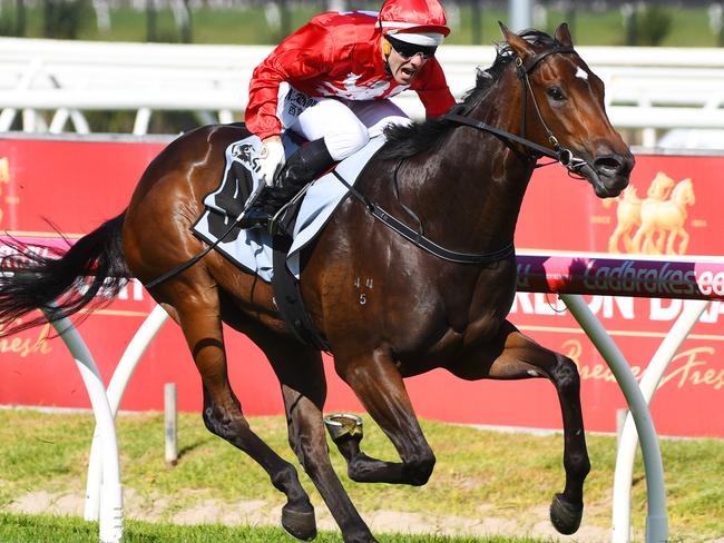 Noel Callow and Thrillster accelerate away from their rivals at Caulfield on Saturday. Picture: Getty Images