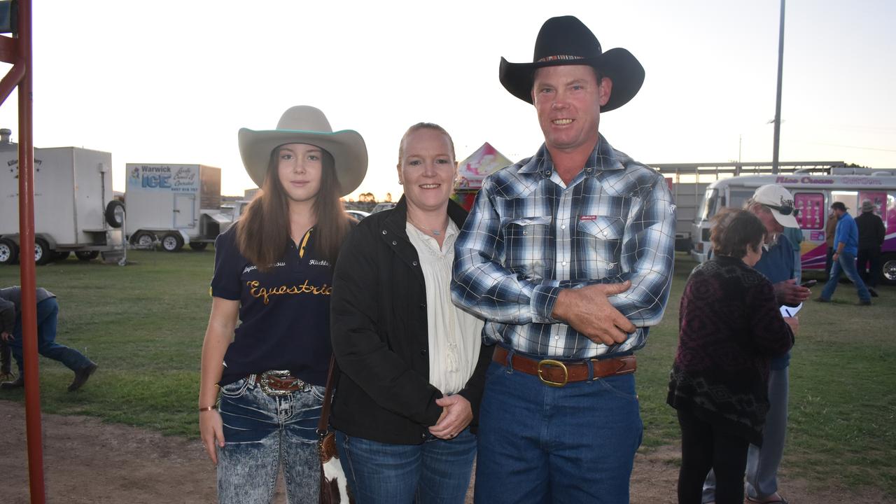 Natalie, Rose and Andrew Crouch from Warwick at the 2021 Killarney Rodeo. Photo: Madison Mifsud-Ure / Warwick Daily News