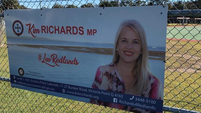 State MP Kim Richards has a sign on the fence at Pinklands Sporting Complex, owned by Redland City Council.