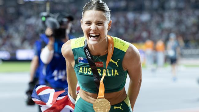 BUDAPEST, HUNGARY: August 23: Nina Kennedy of Australia celebrates after her joint gold medal with Katie Moon of the United States in the Women's Pole Vault Final during the World Athletics Championships, at the National Athletics Centre on August 23rd, 2023 in Budapest, Hungary. (Photo by Tim Clayton/Corbis via Getty Images)