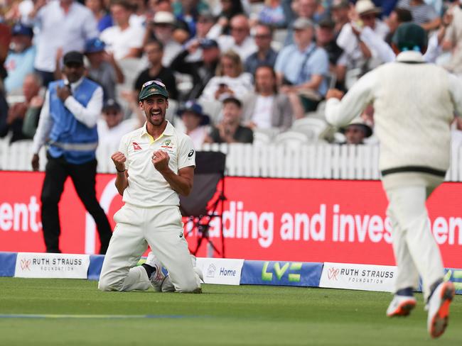 Mitchell Starc celebrates at Lord’s in 2023 before being denied a catch to dismiss England’s Ben Duckett. Picture: Ryan Pierse/Getty Images