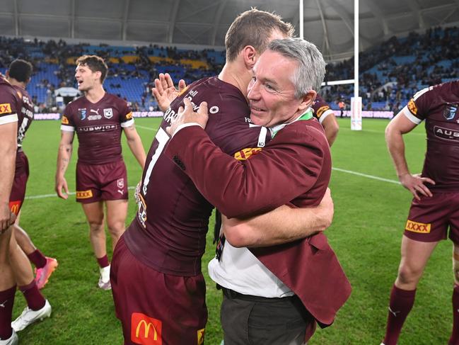 Daly Cherry-Evans of the Maroons and Maroons coach Paul Green celebrate winning game three of the 2021 State of Origin Series. Picture: Bradley Kanaris/Getty Images