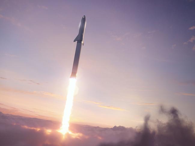 A SpaceX promotional image of its Mars Starship being boosted out of Earth’s atmosphere. Picture: SpaceX