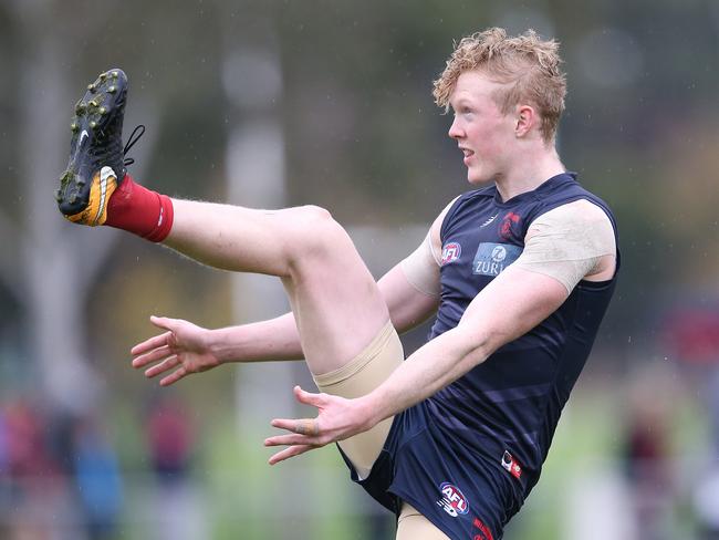 Melbourne training at Gosch's Paddock..  Clayton Oliver kicks at goal     . Pic: Michael Klein