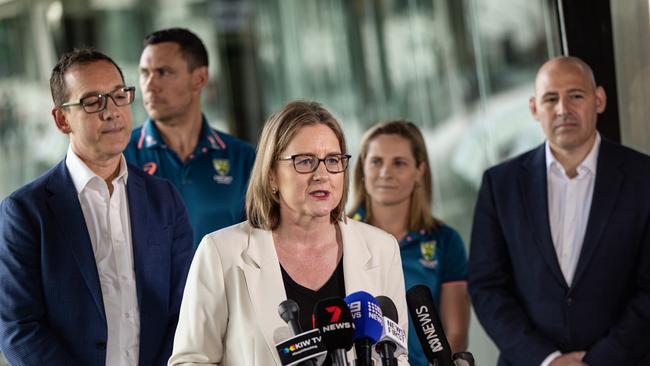 Victorian Premier Jacinta Allan speaks to the media during a press conference at the MCG. Picture: Diego Fedele