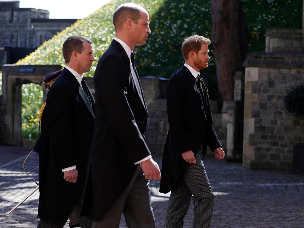 Prince William, Prince Harry and Peter Phillips followed their grandfather’s coffin. Picture: AFP